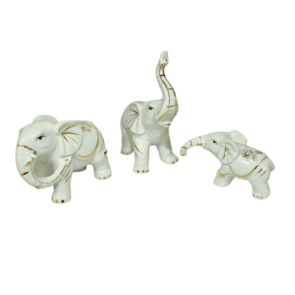 Set De Elefantes De Cerámica Blanca Con Detalles Dorados