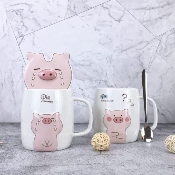 Taza Pig De Cerámica C/ Tapa Y Cuchara